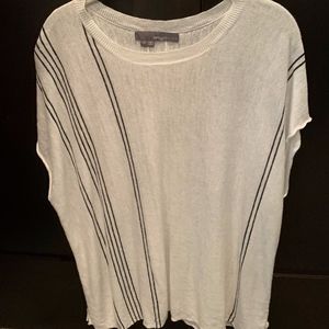 White linen short sleeve top with black stripes